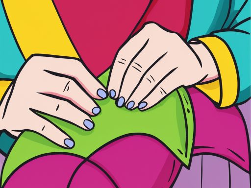 A pair of hands sewing a green fabric with brightly coloured clothing visible.